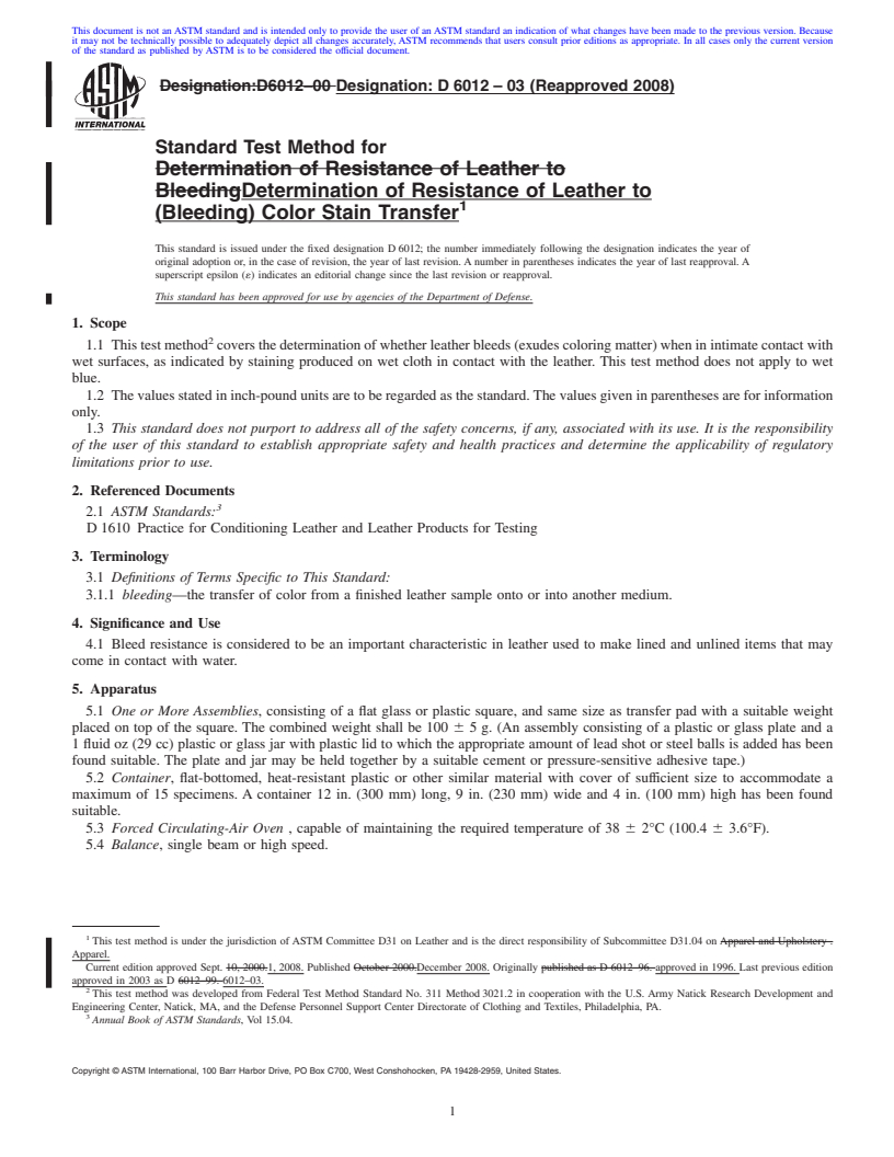 REDLINE ASTM D6012-03(2008) - Standard Test Method for Determination of Resistance of  Leather to (Bleeding) Color Stain Transfer