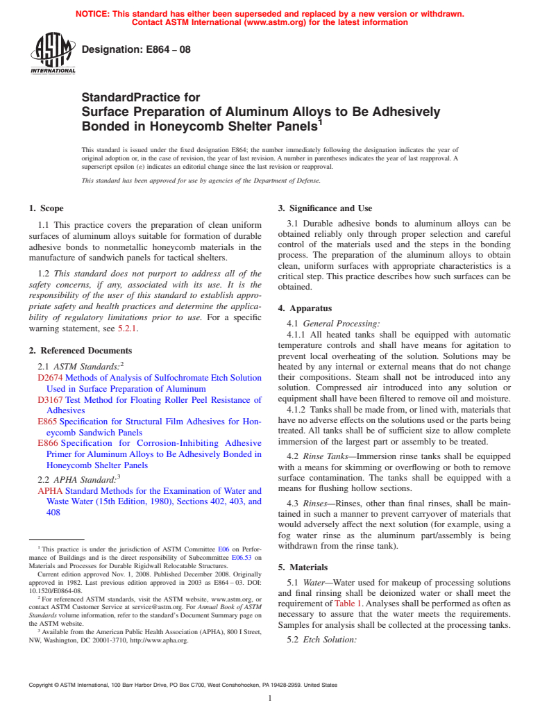 ASTM E864-08 - Standard Practice for Surface Preparation of Aluminum Alloys to be Adhesively Bonded in Honeycomb Shelter Panels