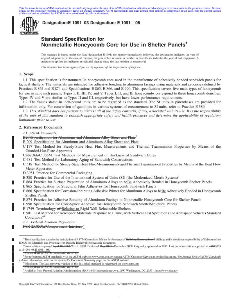 REDLINE ASTM E1091-08 - Standard Specification for Nonmetallic Honeycomb Core for Use in Shelter Panels