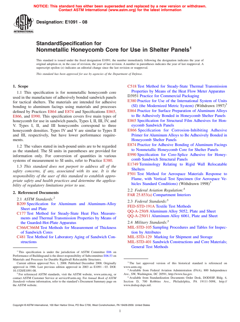 ASTM E1091-08 - Standard Specification for Nonmetallic Honeycomb Core for Use in Shelter Panels