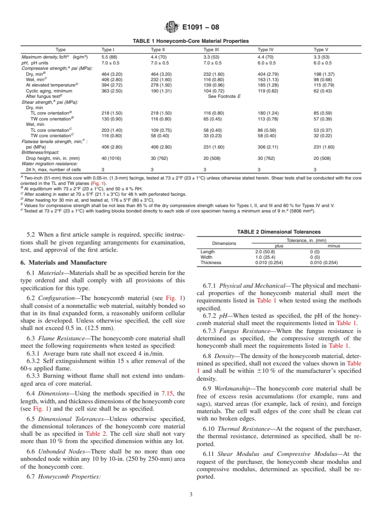 ASTM E1091-08 - Standard Specification for Nonmetallic Honeycomb Core for Use in Shelter Panels