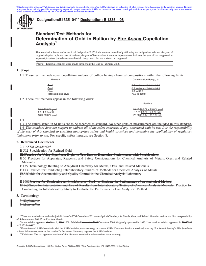 REDLINE ASTM E1335-08 - Standard Test Methods for  Determination of Gold in Bullion by Fire Assay Cupellation Analysis