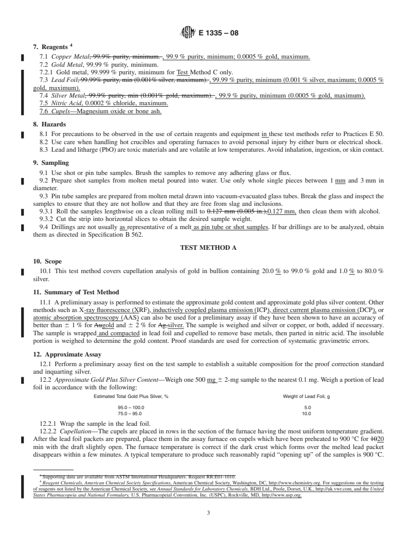 REDLINE ASTM E1335-08 - Standard Test Methods for  Determination of Gold in Bullion by Fire Assay Cupellation Analysis