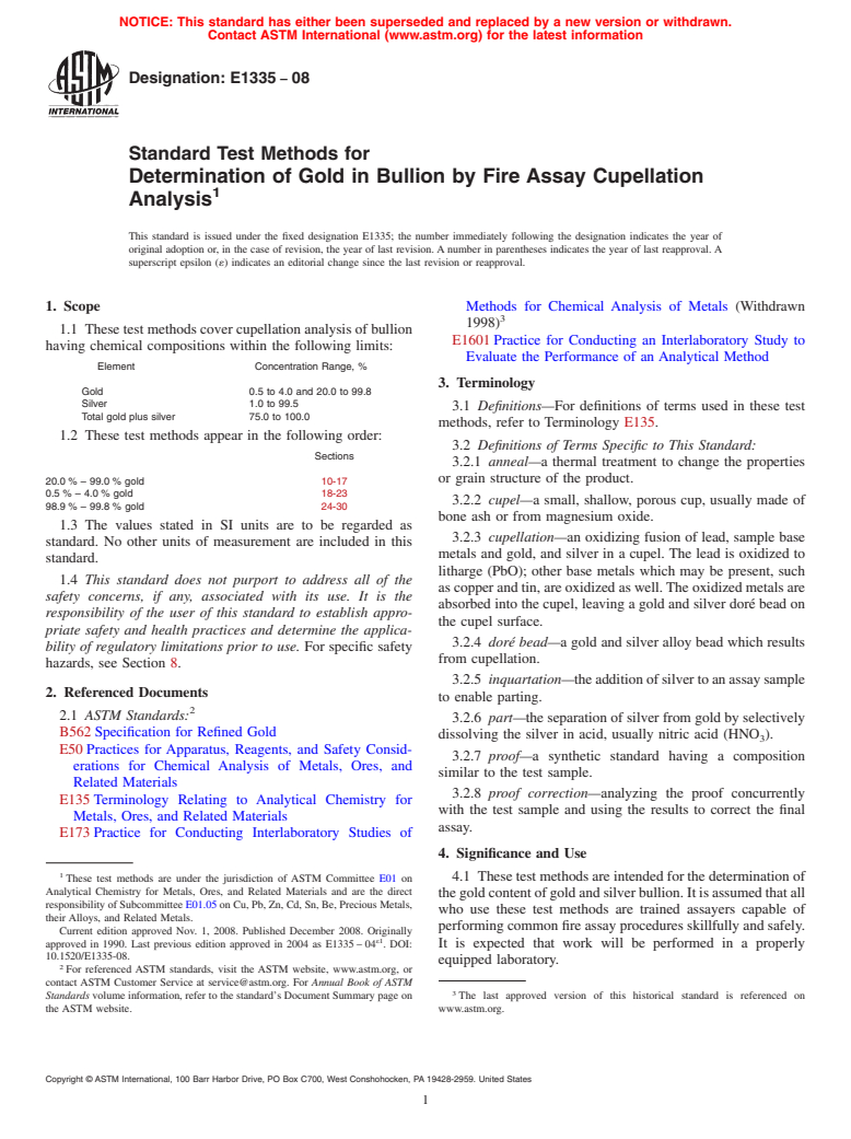 ASTM E1335-08 - Standard Test Methods for  Determination of Gold in Bullion by Fire Assay Cupellation Analysis