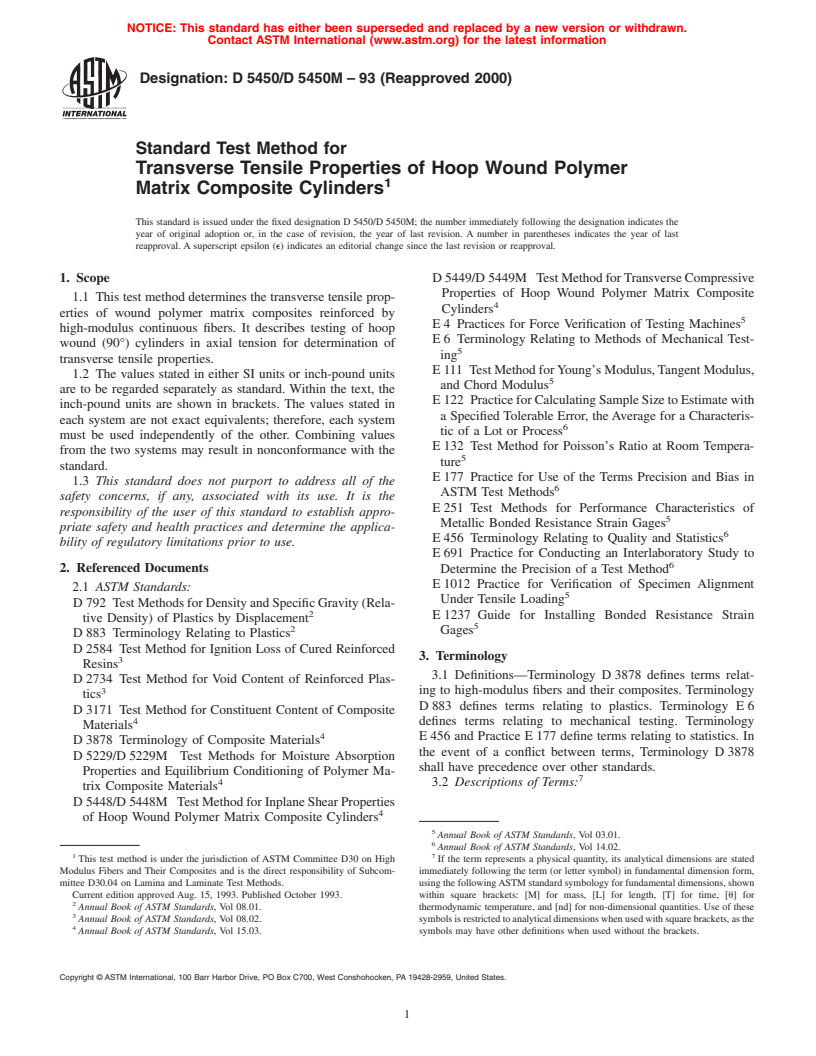 ASTM D5450/D5450M-93(2000) - Standard Test Method for Transverse Tensile Properties of Hoop Wound Polymer Matrix Composite Cylinders