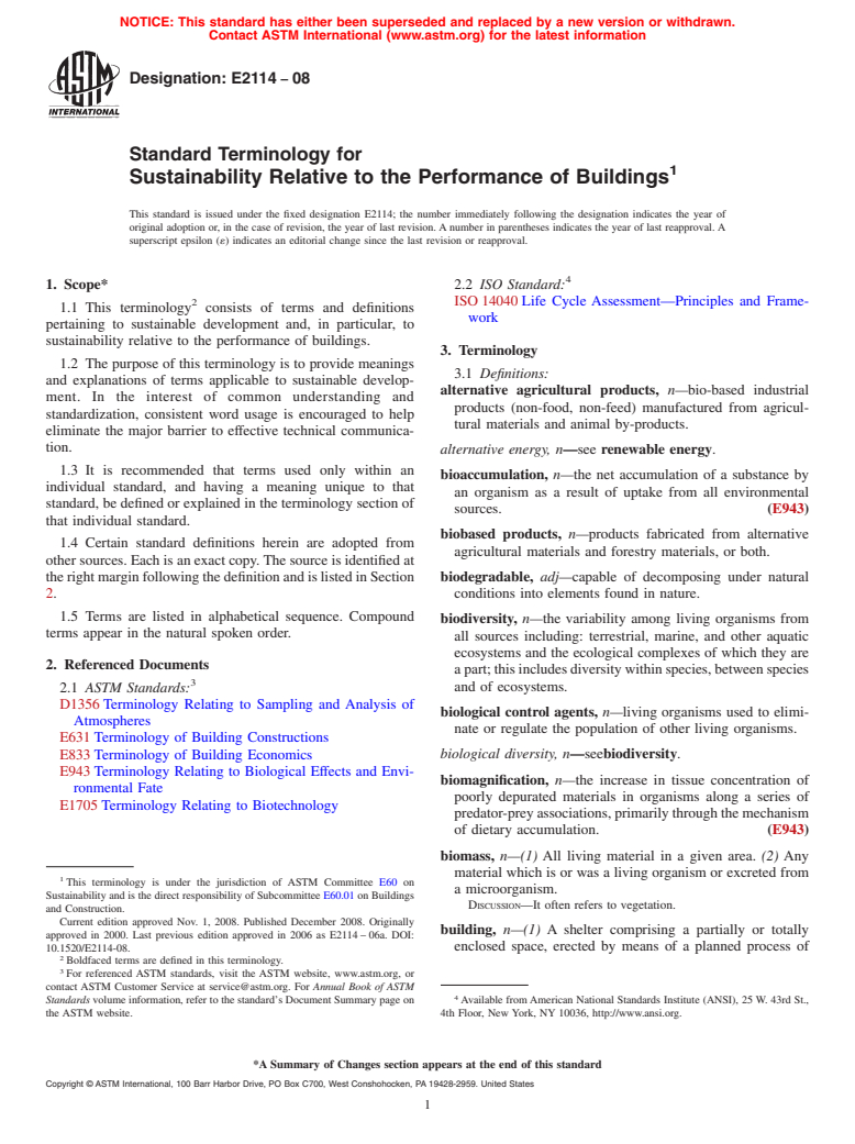 ASTM E2114-08 - Standard Terminology for Sustainability Relative to the Performance of Buildings