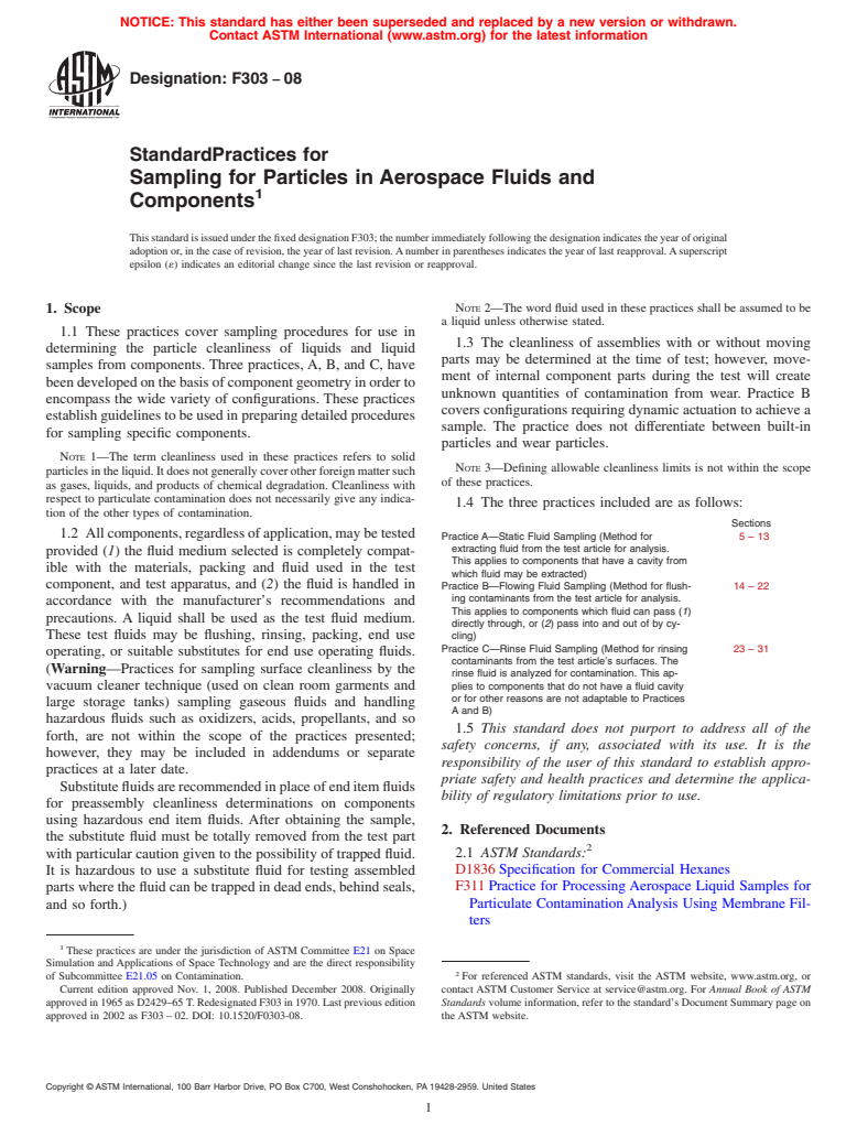 ASTM F303-08 - Standard Practices for Sampling for Particles in Aerospace Fluids and Components