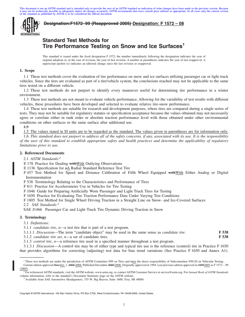 REDLINE ASTM F1572-08 - Standard Test Methods for Tire Performance Testing on Snow and Ice Surfaces