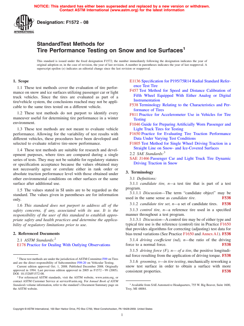 ASTM F1572-08 - Standard Test Methods for Tire Performance Testing on Snow and Ice Surfaces