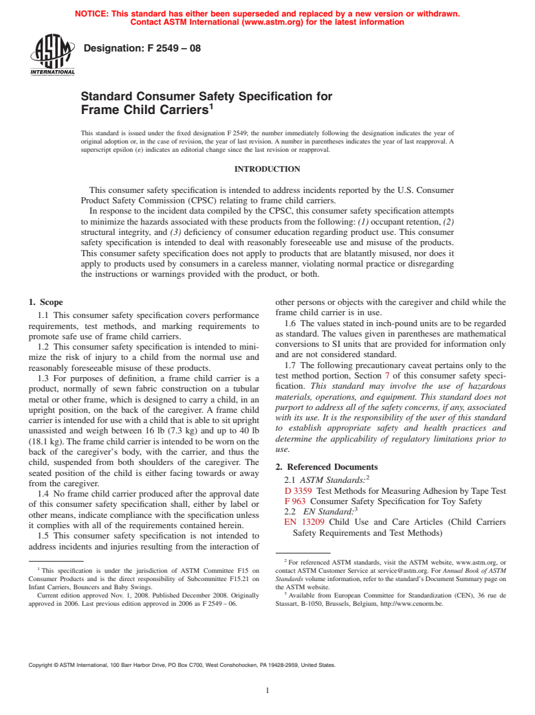 ASTM F2549-08 - Standard Consumer Safety Specification for Frame Child Carriers