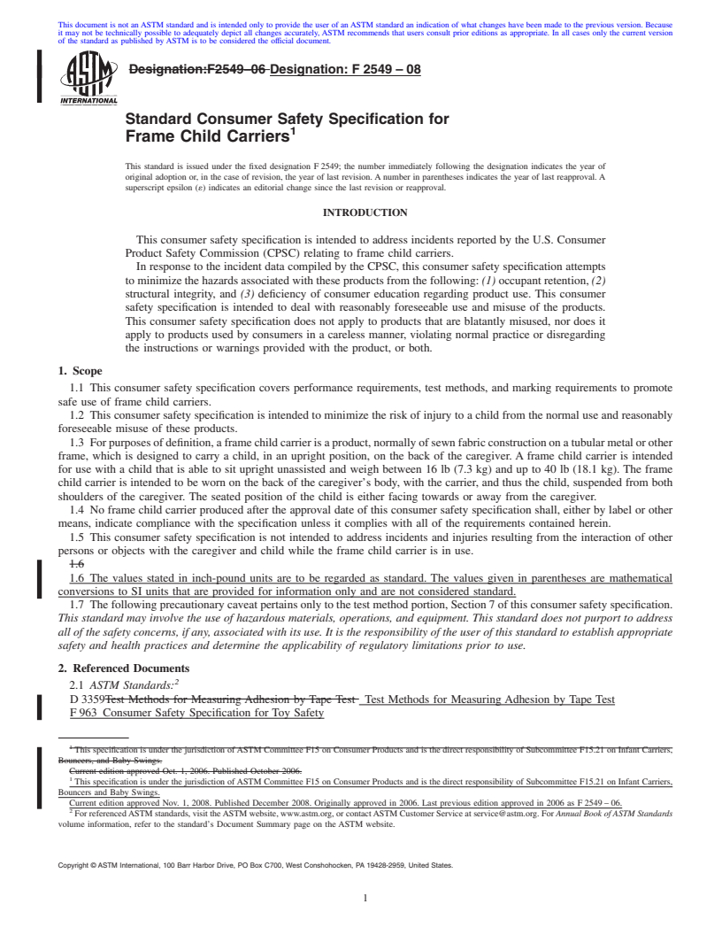 REDLINE ASTM F2549-08 - Standard Consumer Safety Specification for Frame Child Carriers