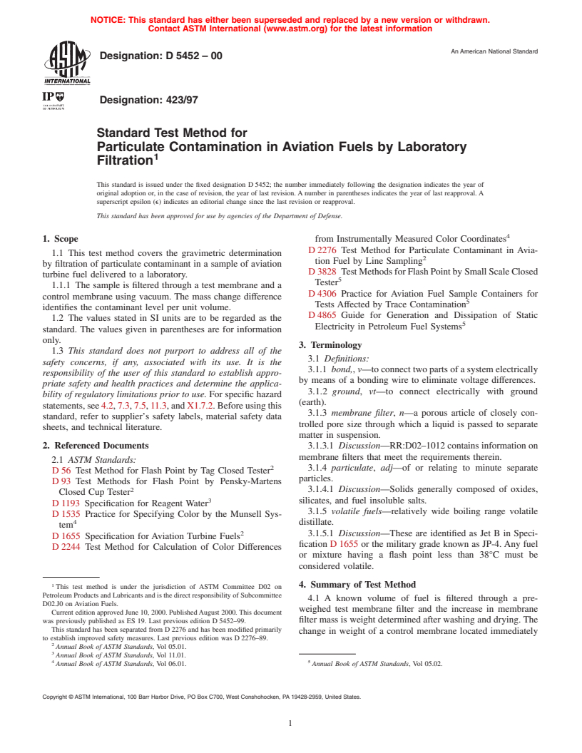 ASTM D5452-00 - Standard Test Method for Particulate Contamination in Aviation Fuels by Laboratory Filtration