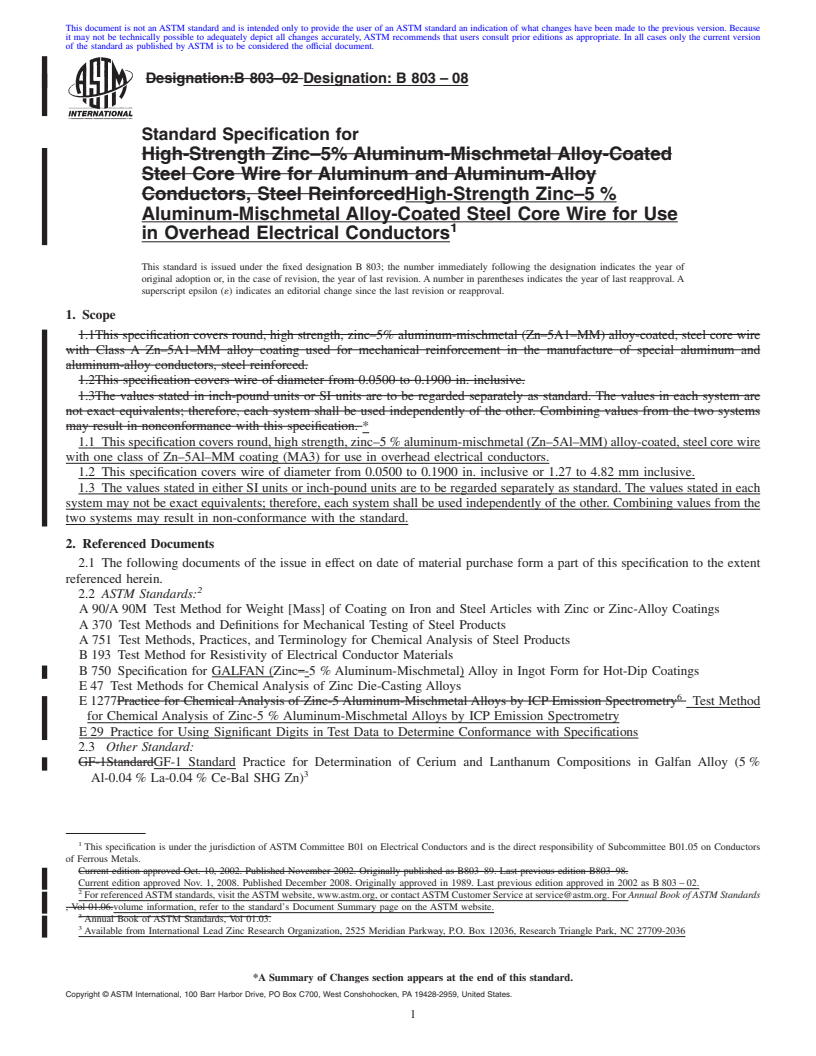 REDLINE ASTM B803-08 - Standard Specification for High-Strength Zinc-5% Aluminum-Mischmetal Alloy-Coated Steel Core Wire for Use in Overhead Electrical Conductors