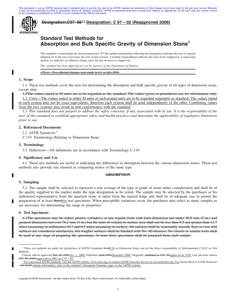 REDLINE ASTM C97-02(2008) - Standard Test Methods for Absorption and Bulk Specific Gravity of Dimension Stone