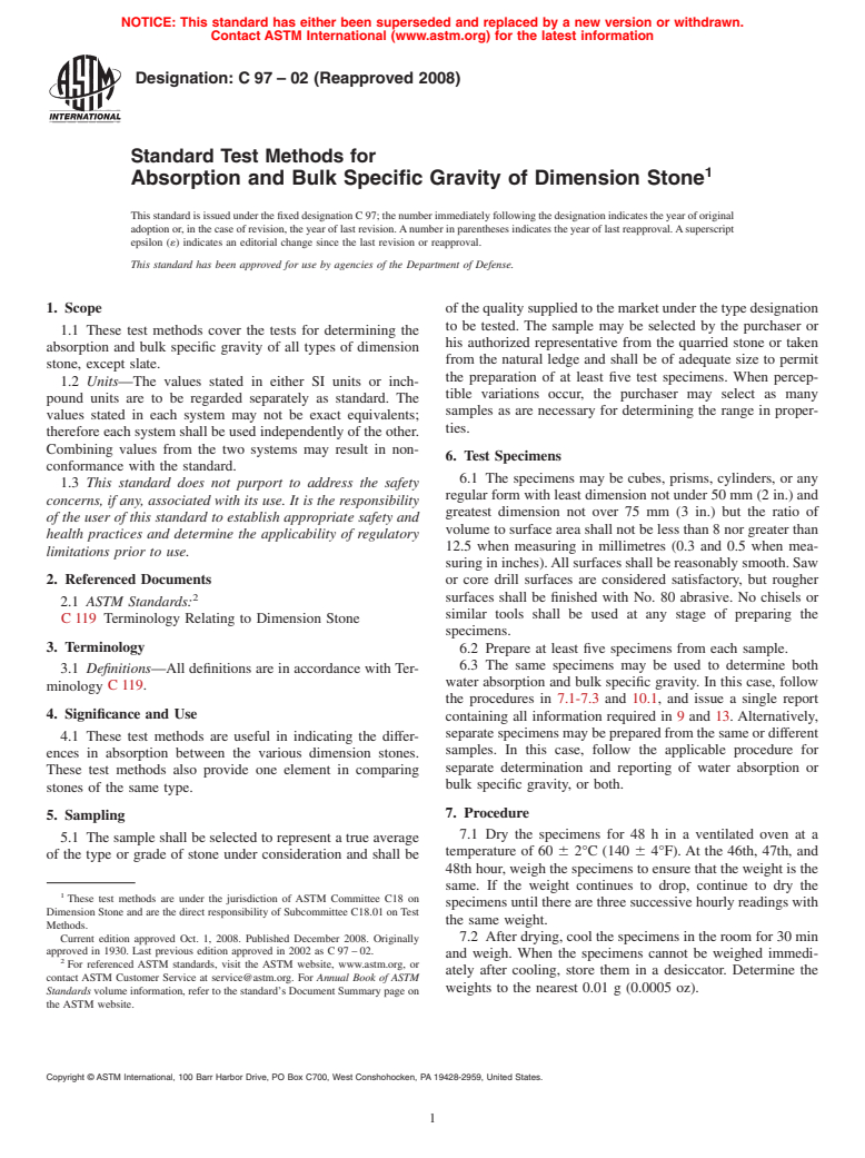 ASTM C97-02(2008) - Standard Test Methods for Absorption and Bulk Specific Gravity of Dimension Stone