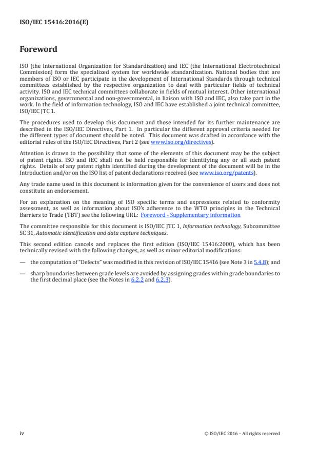 ISO/IEC 15416:2016 ISO/IEC 15416:2016 - Automatic identification and data capture techniques -- Bar code print quality test specification -- Linear symbols - Page 4 preview