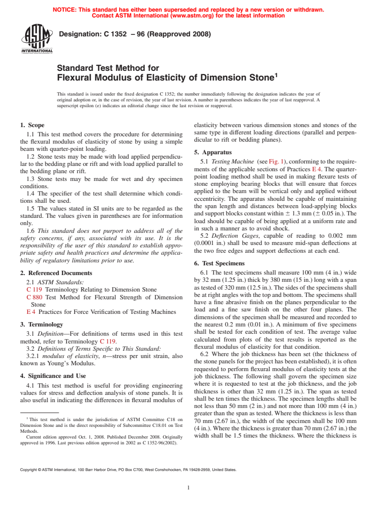 ASTM C1352-96(2008) - Standard Test Method for Flexural Modulus of Elasticity of Dimension Stone