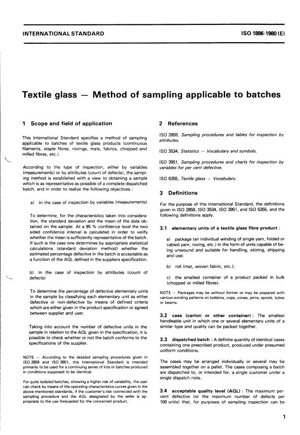 ISO 1886:1980 - Textile glass -- Method of sampling applicable to batches