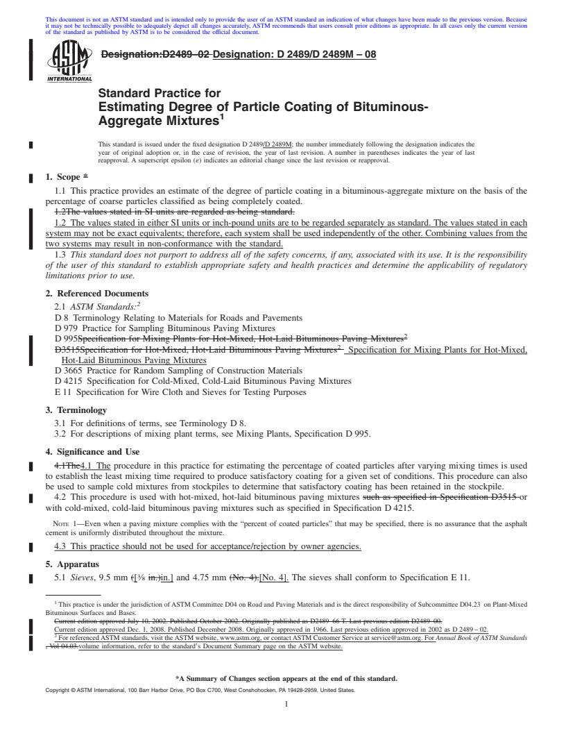 REDLINE ASTM D2489/D2489M-08 - Standard Practice for Estimating Degree of Particle Coating of Bituminous-Aggregate Mixtures