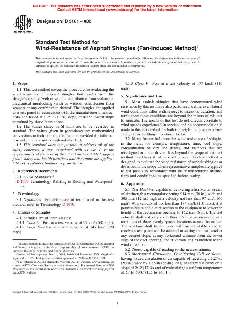 ASTM D3161-08c - Standard Test Method for  Wind-Resistance of Asphalt Shingles (Fan-Induced Method)