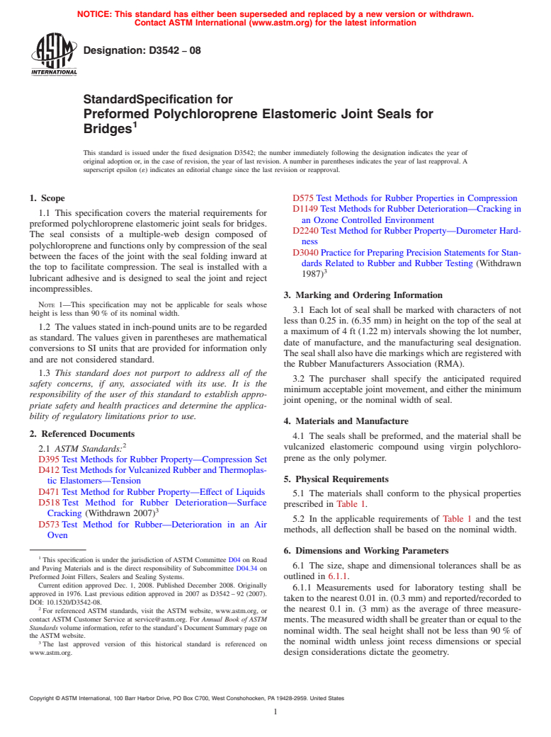 ASTM D3542-08 - Standard Specification for Preformed Polychloroprene Elastomeric Joint Seals for Bridges