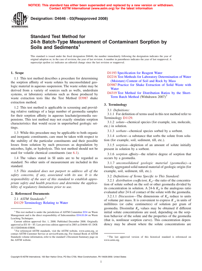 ASTM D4646-03(2008) - Standard Test Method for 24-h Batch-Type Measurement of Contaminant Sorption by Soils and Sediments