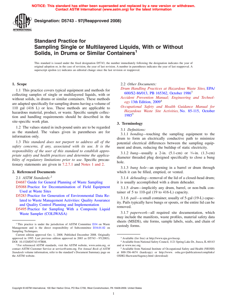 ASTM D5743-97(2008) - Standard Practice for Sampling Single or Multilayered Liquids, With or Without Solids, in Drums or Similar Containers