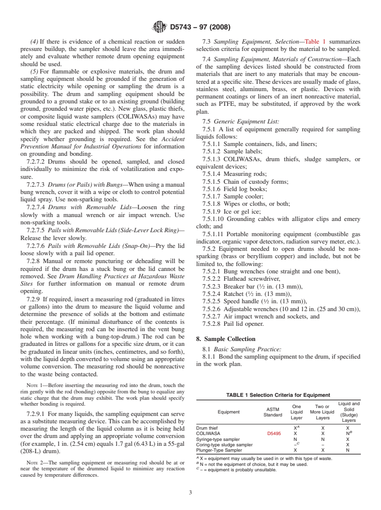 ASTM D5743-97(2008) - Standard Practice for Sampling Single or Multilayered Liquids, With or Without Solids, in Drums or Similar Containers