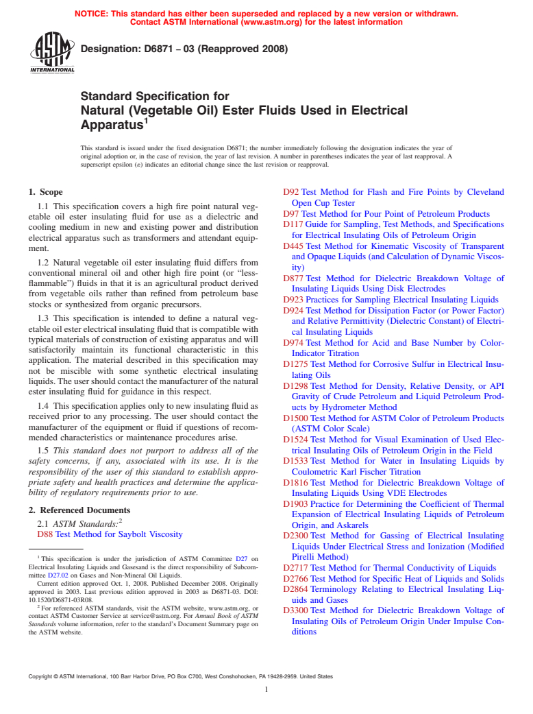 ASTM D6871-03(2008) - Standard Specification for Natural (Vegetable Oil) Ester Fluids Used in Electrical Apparatus (Withdrawn 2017)