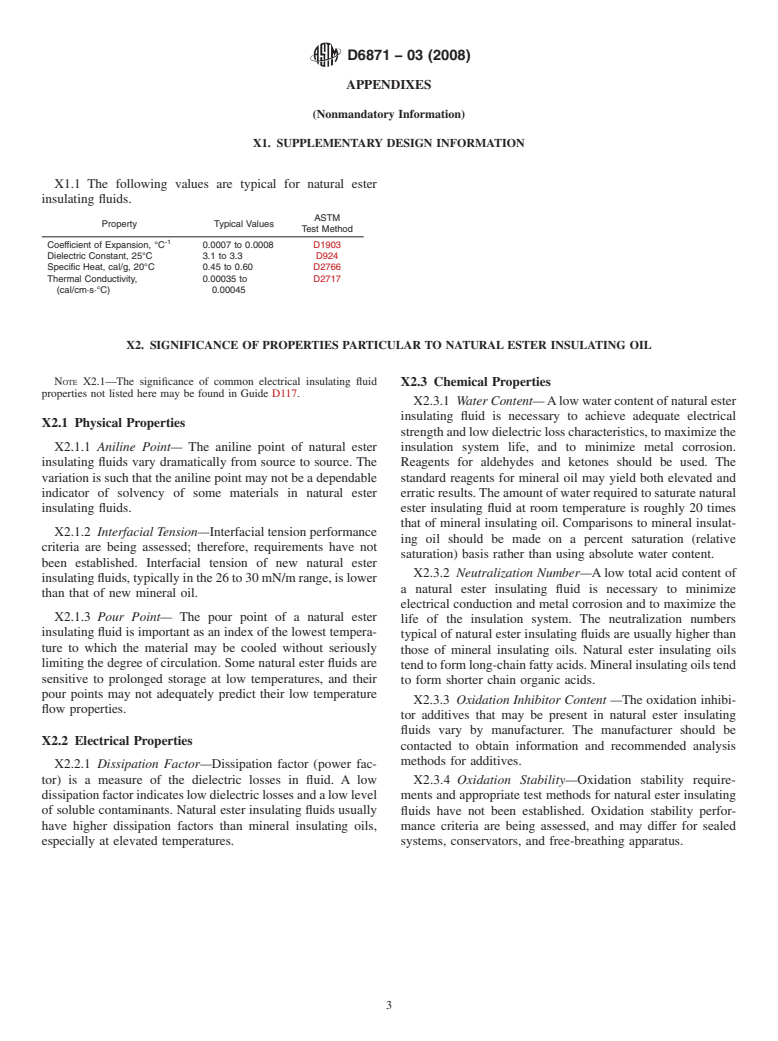 ASTM D6871-03(2008) - Standard Specification for Natural (Vegetable Oil) Ester Fluids Used in Electrical Apparatus (Withdrawn 2017)