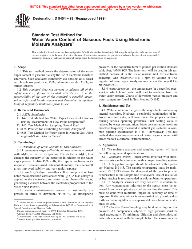 ASTM D5454-93(1999) - Standard Test Method for Water Vapor Content of Gaseous Fuels Using Electronic Moisture Analyzers