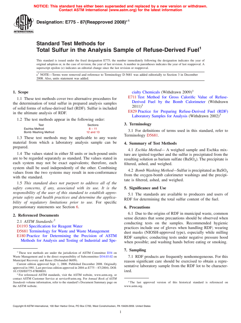 ASTM E775-87(2008)e1 - Standard Test Methods for Total Sulfur in the Analysis Sample of Refuse-Derived Fuel