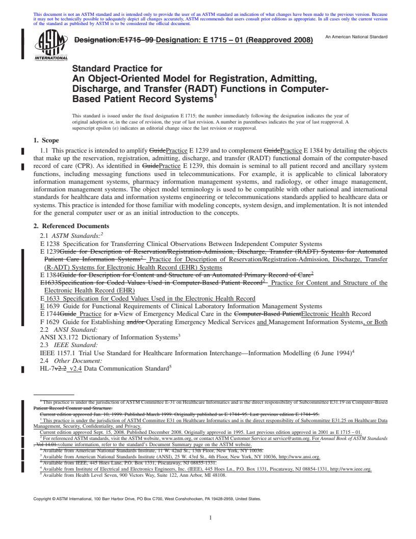 REDLINE ASTM E1715-01(2008) - Standard Practice for An Object-Oriented Model for Registration, Admitting, Discharge, and Transfer (RADT) Functions in Computer-Based Patient Record Systems