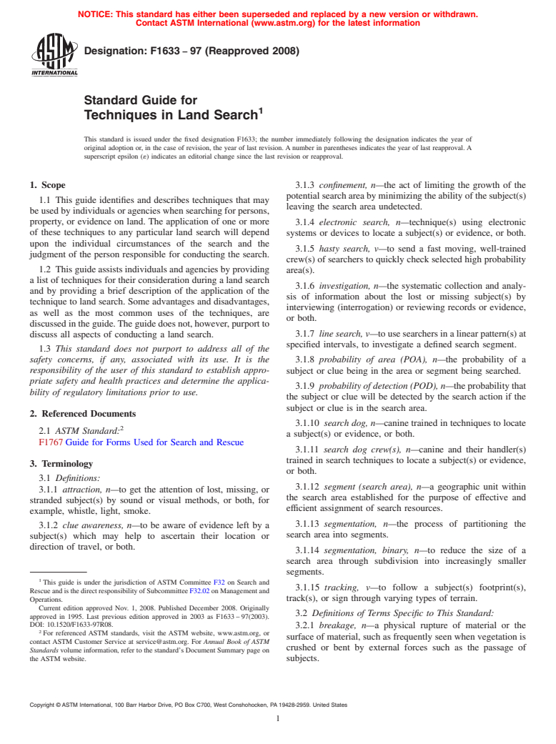 ASTM F1633-97(2008) - Standard Guide for Techniques in Land Search (Withdrawn 2017)