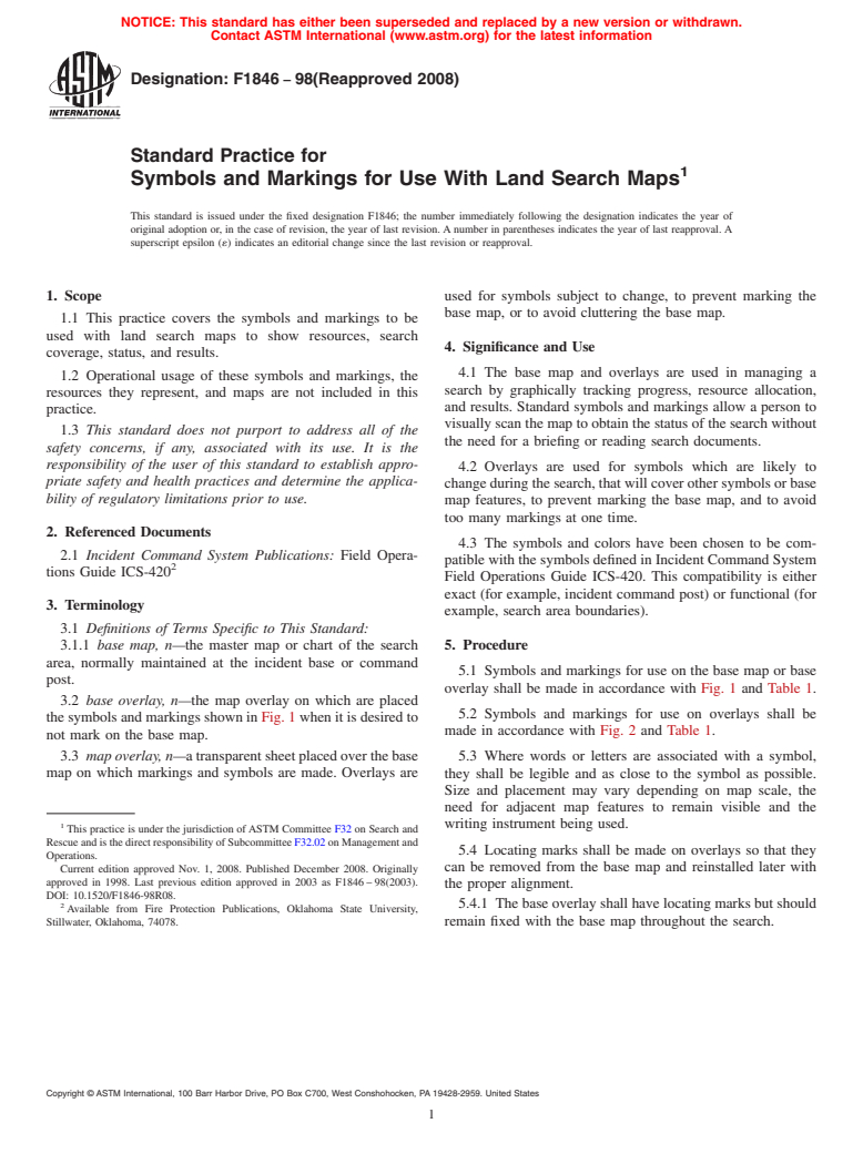 ASTM F1846-98(2008) - Standard Practice for Symbols and Markings for Use With Land Search Maps