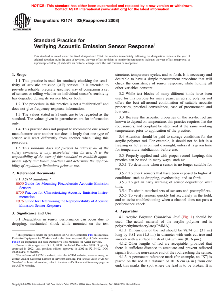 ASTM F2174-02(2008) - Standard Practice for Verifying Acoustic Emission Sensor Response