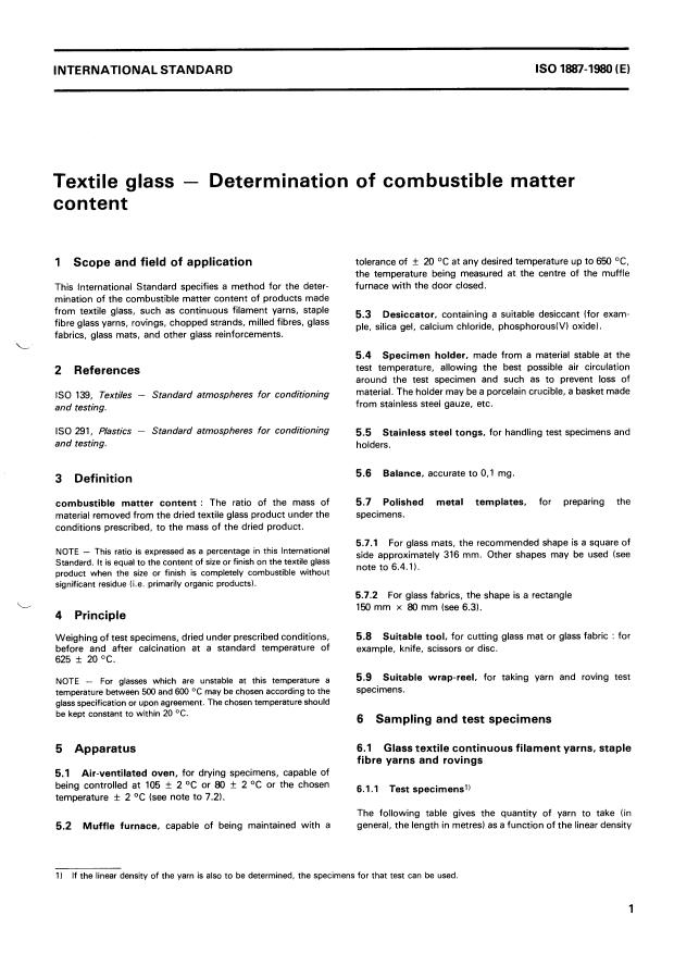 ISO 1887:1980 - Textile glass -- Determination of combustible matter content