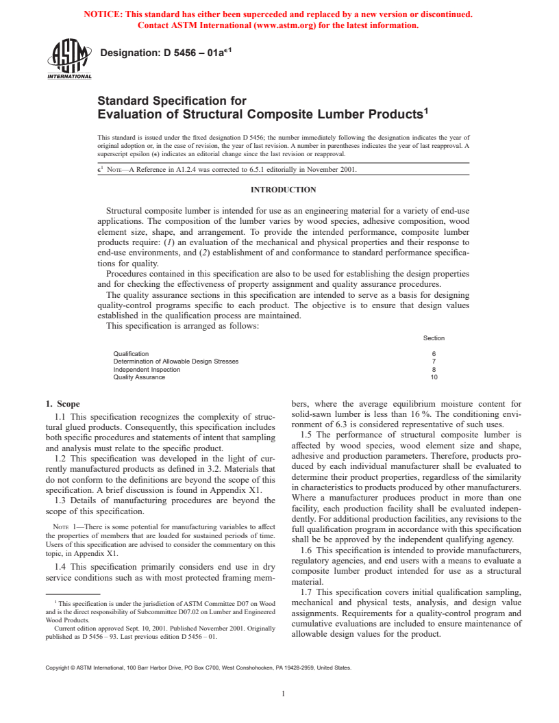 ASTM D5456-01ae1 - Standard Specification for Evaluation of Structural Composite Lumber Products