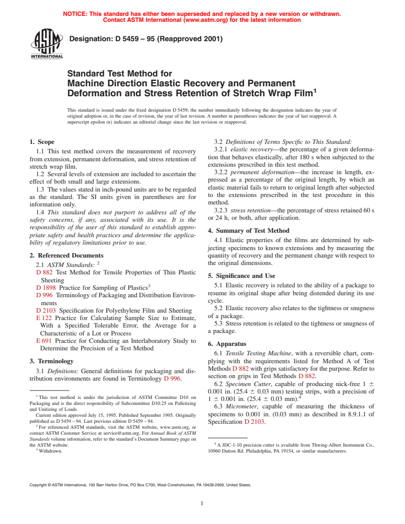 ASTM D5459-95(2001) - Standard Test Method for Machine Direction Elastic Recovery and Permanent Deformation and Stress Retention of Stretch Wrap Film