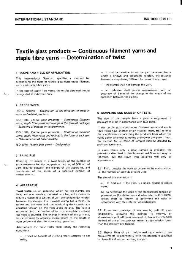 ISO 1890:1975 - Textile glass products -- Continuous filament yarns and staple fibre yarns -- Determination of twist