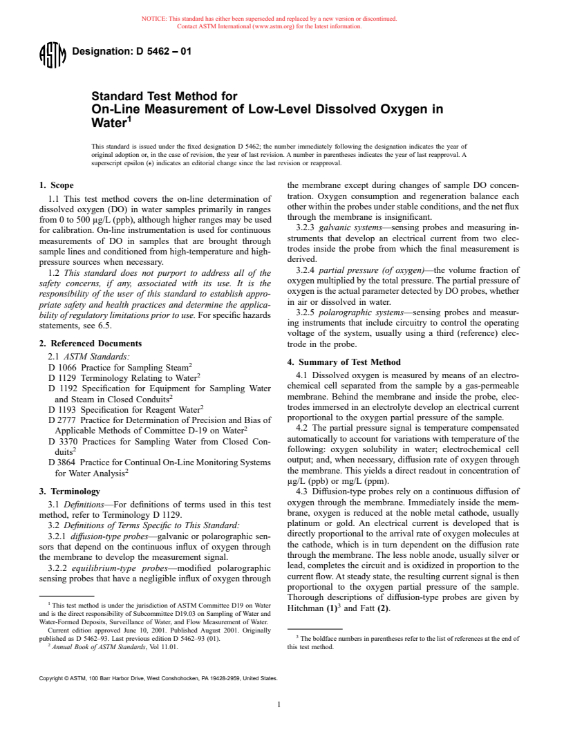 ASTM D5462-01 - Standard Test Method for On-Line Measurement of Low-Level Dissolved Oxygen in Water