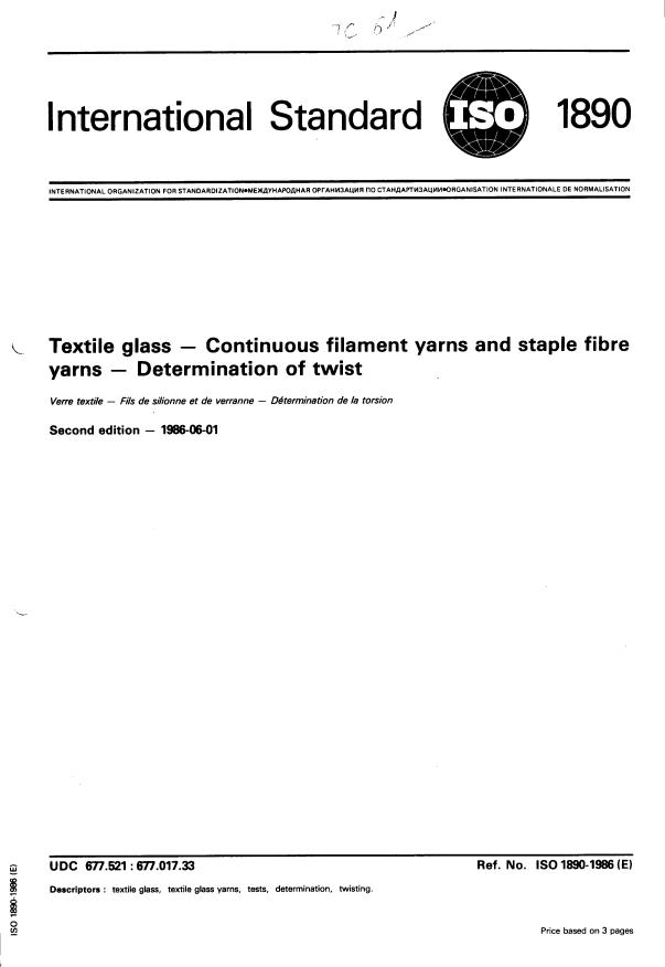 ISO 1890:1986 - Textile glass -- Continuous filament yarns and staple fibre yarns -- Determination of twist