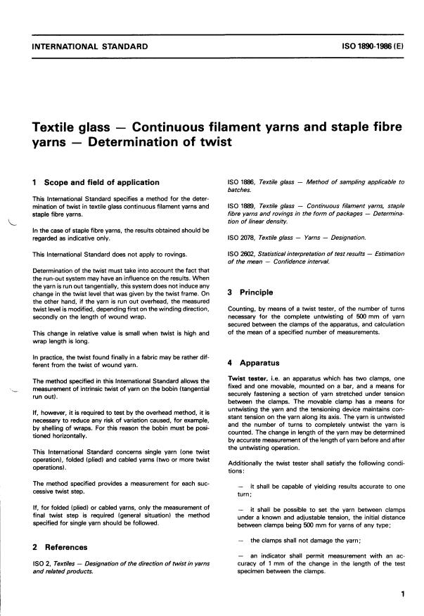 ISO 1890:1986 - Textile glass -- Continuous filament yarns and staple fibre yarns -- Determination of twist