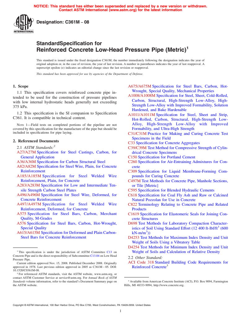 ASTM C361M-08 - Standard Specification for Reinforced Concrete Low-Head Pressure Pipe (Metric)