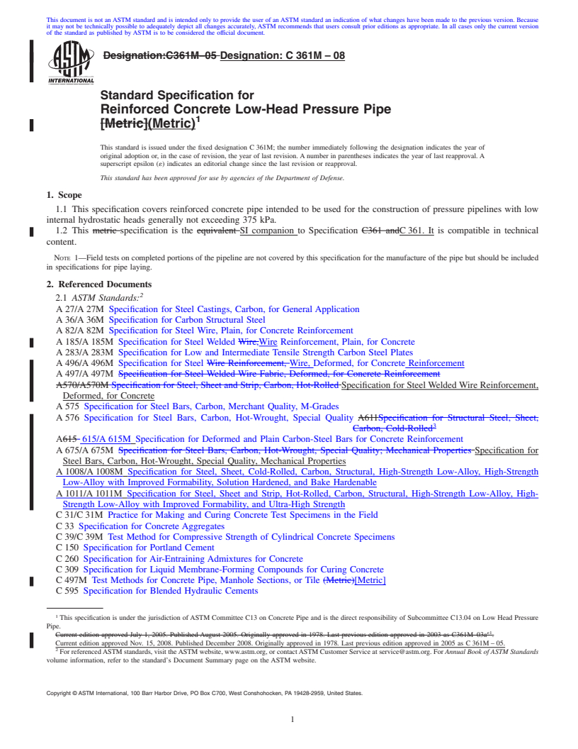 REDLINE ASTM C361M-08 - Standard Specification for Reinforced Concrete Low-Head Pressure Pipe (Metric)