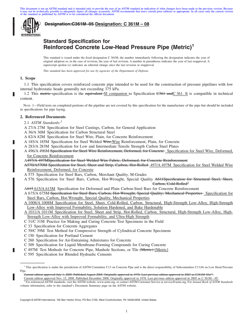 REDLINE ASTM C361M-08 - Standard Specification for Reinforced Concrete Low-Head Pressure Pipe (Metric)