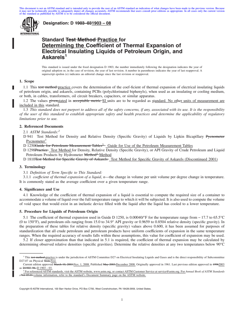 REDLINE ASTM D1903-08 - Standard Practice for  Determining the Coefficient of Thermal Expansion of Electrical Insulating Liquids of Petroleum Origin, and Askarels