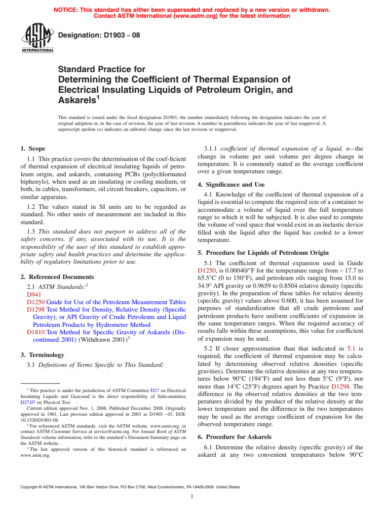 ASTM D1903-08 - Standard Practice for  Determining the Coefficient of Thermal Expansion of Electrical Insulating Liquids of Petroleum Origin, and Askarels