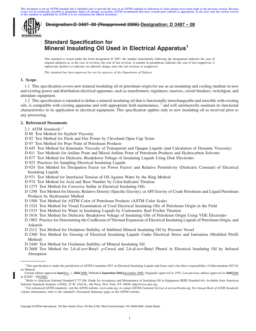 REDLINE ASTM D3487-08 - Standard Specification for Mineral Insulating Oil Used in Electrical Apparatus