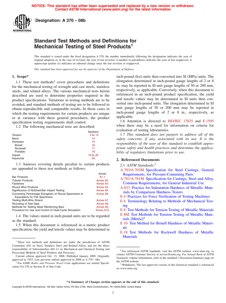 ASTM A370-08b - Standard Test Methods and Definitions for  Mechanical Testing of Steel Products